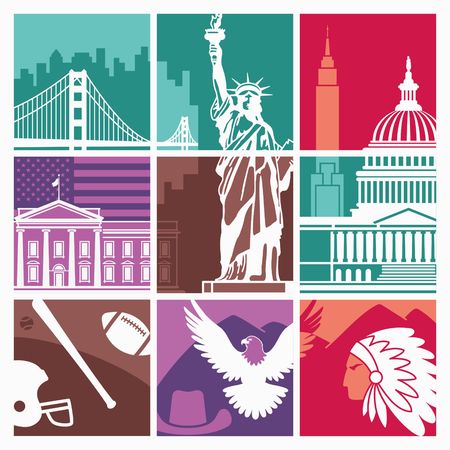 Traditional symbols of architecture and culture of the USA vector illustration.のイラスト素材