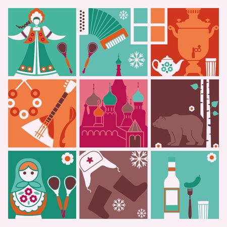 Squares with traditional stylized symbols of Russia vector illustration.のイラスト素材
