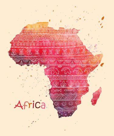 Hand drawn watercolor map of Africa, decorated with ethnic ornament.のイラスト素材
