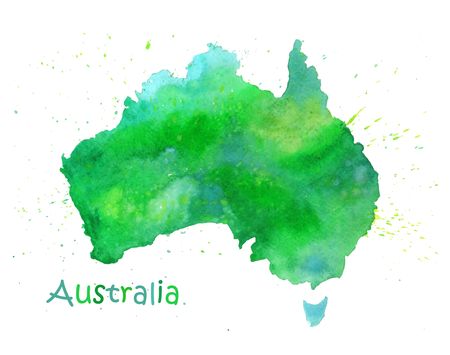 Hand drawn watercolor map of Australia in green colors isolated on whiteのイラスト素材