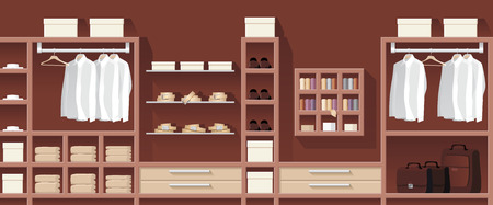 Men's wear and accessories arranged in a closet, flat style vector illustrationのイラスト素材