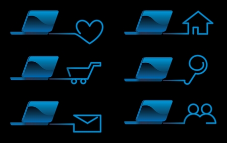 Computer icons on a blue linear outline style over a black backgroundのイラスト素材