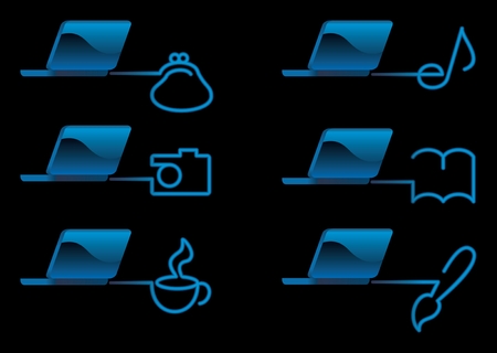 Various Computer icons  on a blue linear outline style over a black backgroundのイラスト素材
