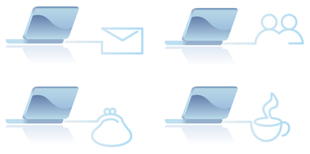 Various Computer icons  on a blue linear outline style over a white backgroundのイラスト素材