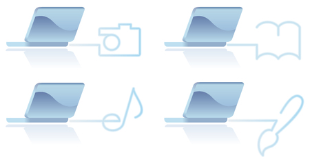 Various Computer icons  on a blue linear outline style over a white backgroundのイラスト素材