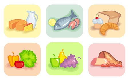 Symbols of vegetables, fruit, meat and dairy products, breads and fishesのイラスト素材