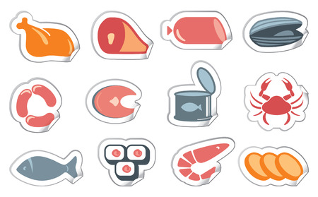 Stickers of meat products and seafoodのイラスト素材
