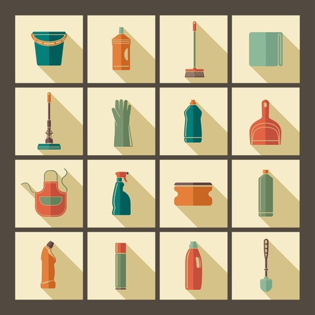 Icons of accessories and means for cleaning. Vector Illustrationのイラスト素材