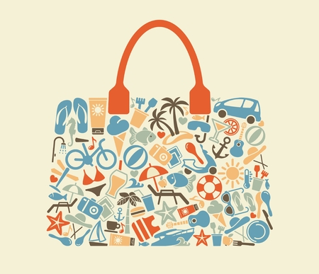 Icons on a theme of beach rest in the form of a bag. Vector image isolated on light background.のイラスト素材