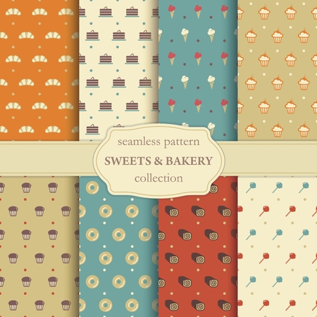 Collection of seamless backgrounds on a theme of sweets and bakeryのイラスト素材