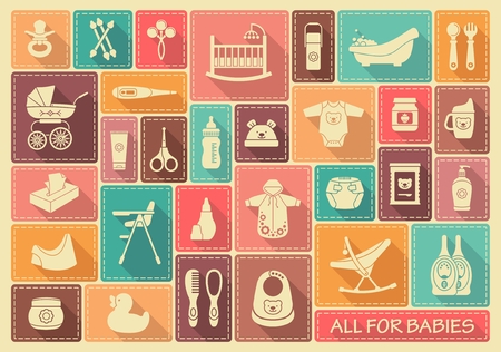 Icons of products for babies. Clothes, food, cosmetics and equipment for newborn careのイラスト素材