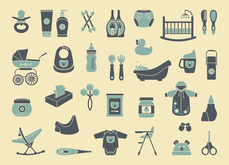Icons of products for babies. Clothes, food, cosmetics and equipment for newborn care.のイラスト素材