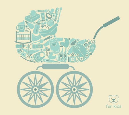 Icons of products for babies In the form of a stroller. Vector illustrationのイラスト素材