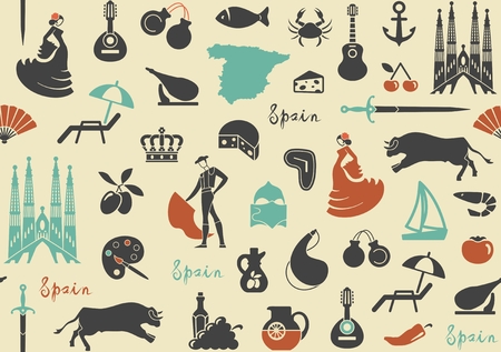 Seamless background with traditional symbols of Spain.のイラスト素材