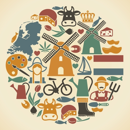 The symbols of the Netherlands in the shape of a circle. Vector illustrationのイラスト素材