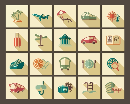 Icons of tourism and travel in retro style. Vector illustration.のイラスト素材