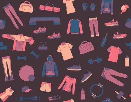 Equipment, clothing and accessories for sports and fitness in seamless pattern.のイラスト素材