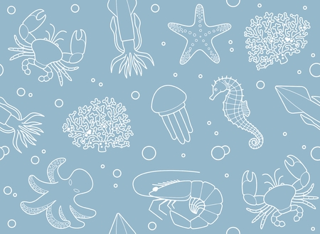 Seamless pattern with sea inhabitants. Jellyfish, shrimp, squid, crab corral and octopusのイラスト素材