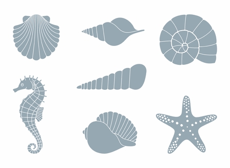 Silhouettes of sea shells, seahorse and starfishのイラスト素材