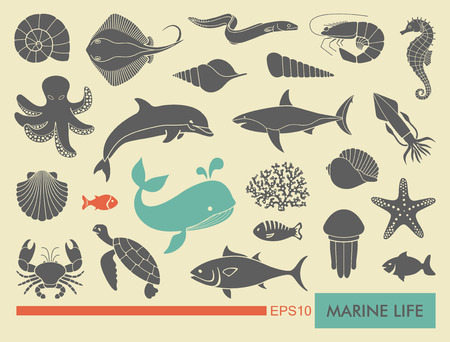 Silhouettes of sea inhabitants. Vector flat illustrationのイラスト素材