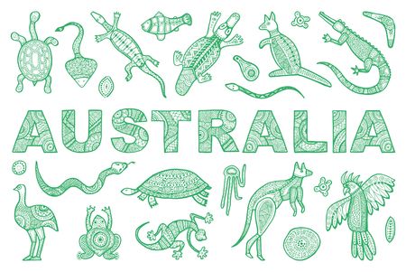 The inscription AUSTRALIA and outline the Australian animal in ethnic styleのイラスト素材