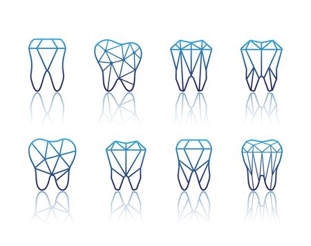 Tooth icon set vector illustration for dental clinic branding with teeth in modern style, polygonal low poly in blue and white.のイラスト素材