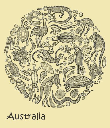 Animals Of Australia. Sketches in the style of Australian aboriginesのイラスト素材