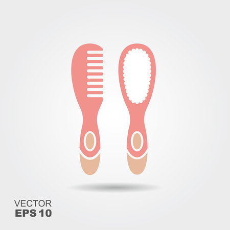 Pink hair brush and comb for baby. Flat iconのイラスト素材