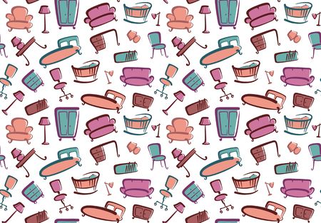 Seamless background with doodles furniture. Vector illustrationのイラスト素材