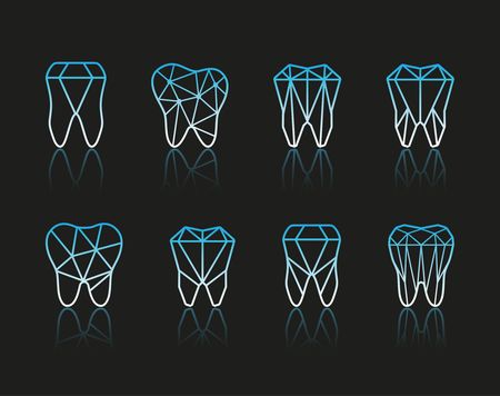 Tooth logo set. Vector illustration for dental clinic branding with teeth in modern style - polygonal low poly in blue and whiteのイラスト素材