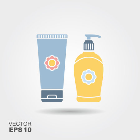 Liquid soap and tube of cream. Vector flat iconのイラスト素材