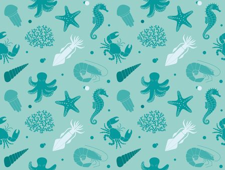 Pattern with sea life. Jellyfish, shrimp, squid crab corral and octopusのイラスト素材