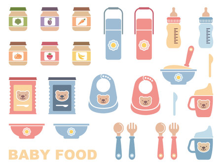 Baby feeding - flat icon set. Vector iilustrationのイラスト素材