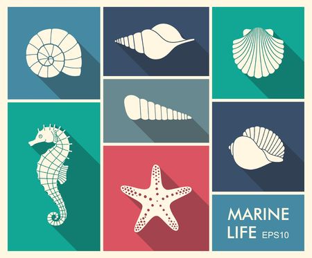 Silhouettes of sea shells, seahorse and starfishのイラスト素材