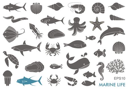 Silhouettes of sea inhabitants. Vector flat illustrationのイラスト素材