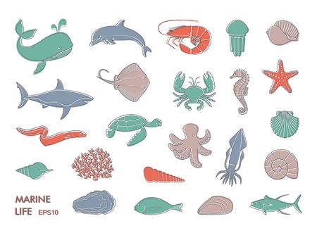 Silhouettes of sea inhabitants. Vector flat illustrationのイラスト素材