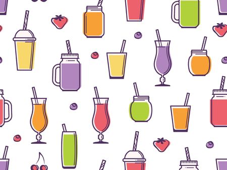 Colorful vector background of cups, jars, glasses and bottles with tasty nonalcoholic beverages.のイラスト素材