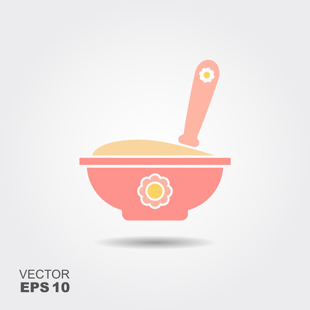 Baby spoon and bowl full of meal vector icon isolatedのイラスト素材