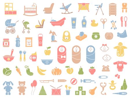 Collection of cute baby icons. Vectot flat illustrationのイラスト素材