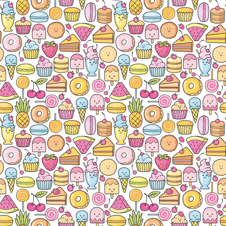 Seamless background of sweet and dessert doodle. Pattern wiht cute cake, sweet donat, cartoon cookies and macaronのイラスト素材