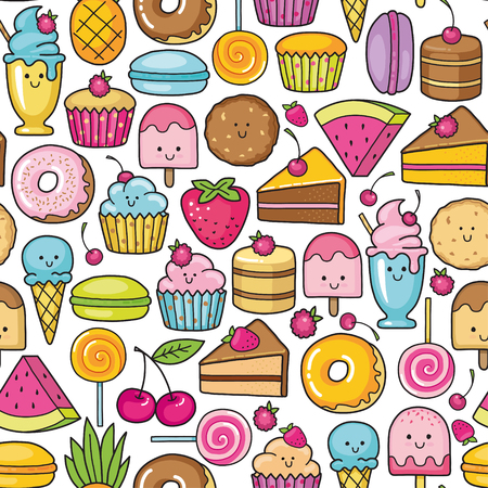 Seamless background of sweet and dessert doodle, cake, sweet donat, cookies and macaronのイラスト素材