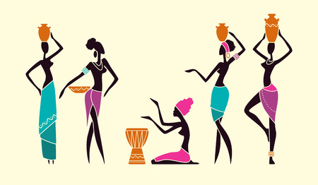 Silhouettes of African men and women in traditional clothingのイラスト素材