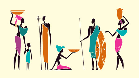 Silhouettes of African men and women with children in traditional clothingのイラスト素材
