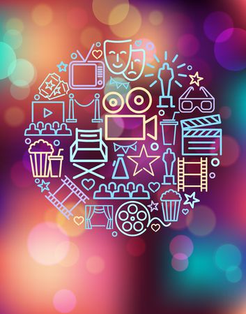 Simple Set of Cinema Related Vector Line Icons in the form of a circle on the Colorful background with defocused lightsのイラスト素材