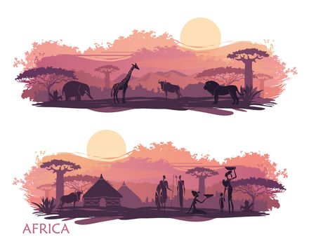 Landscape of Africa with the silhouettes of the indigenous people and wild animalsのイラスト素材