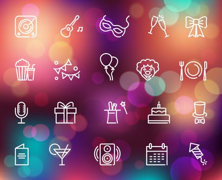 Party and Celebration Outline Icons on the Colorful background with defocused lights. Vector illustrationsのイラスト素材