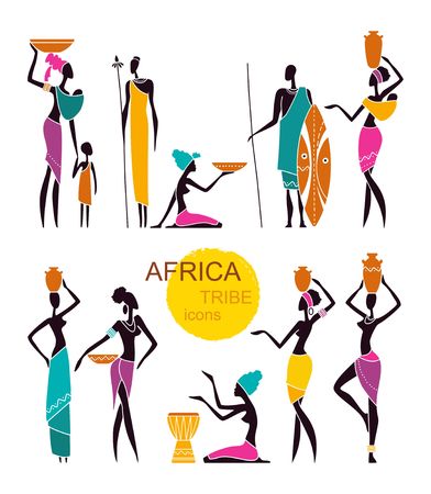 Silhouettes of African men and women with children in traditional clothingのイラスト素材