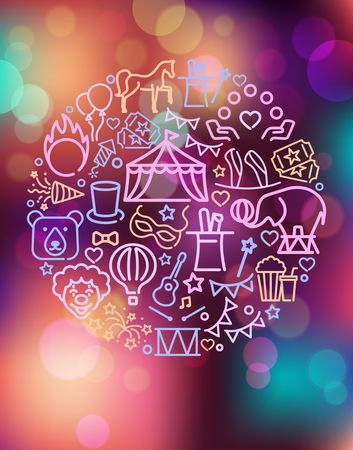 Circus icons set in linear style in the form of a circle on the Colorful background with defocused lights. Poster or postcard templateのイラスト素材