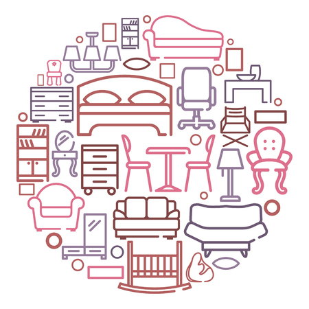 Line furniture icons set in the form of a circle Outline web icon collectionのイラスト素材