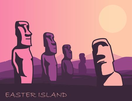 The landscape of Easter island with the famous sculptures at sunset. Vector Illustrationの写真素材